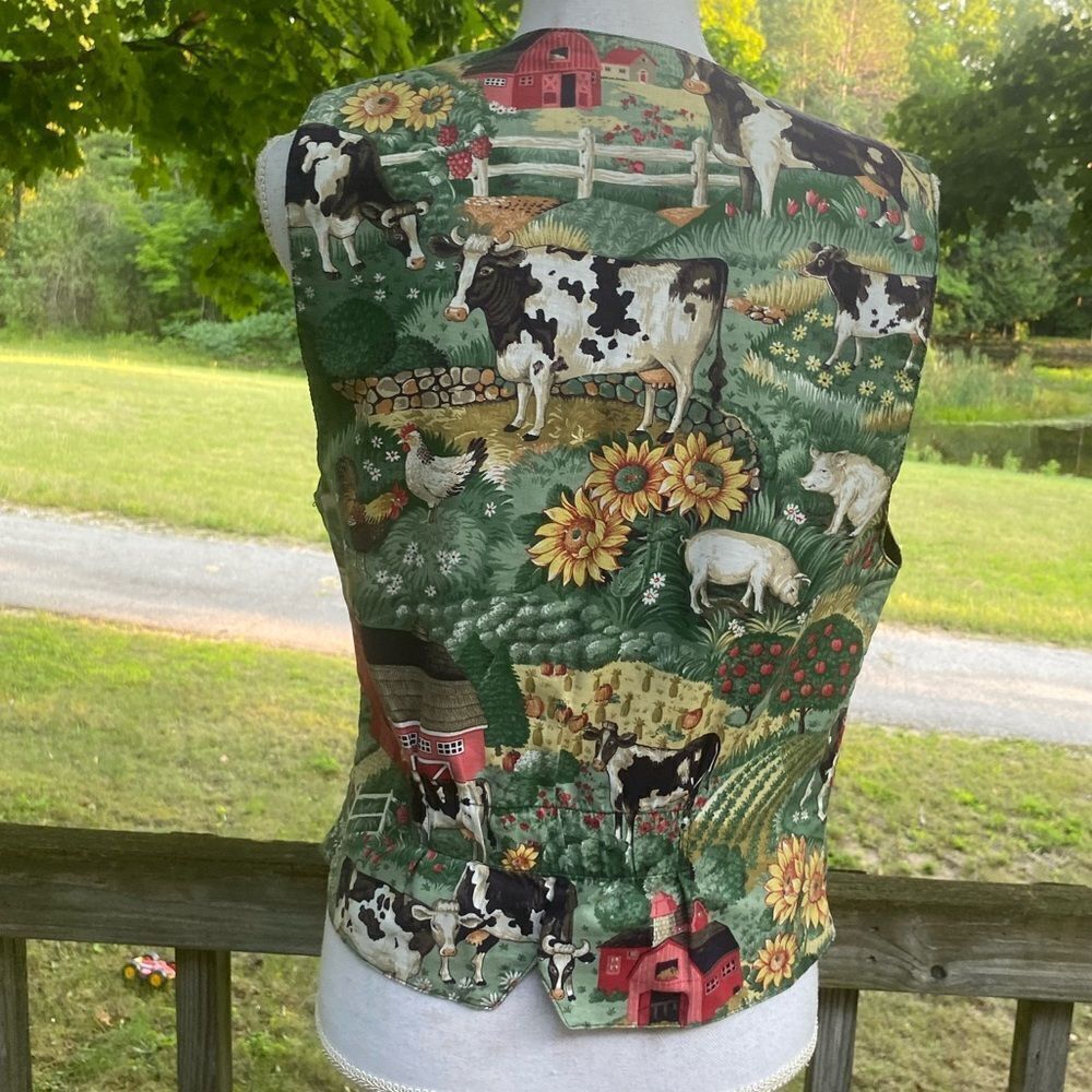 Linda Tilson Wm’s Sz Small Cotton Barnyard Farm Cows Pigs Design Vest Vintage - Picture 4 of 5